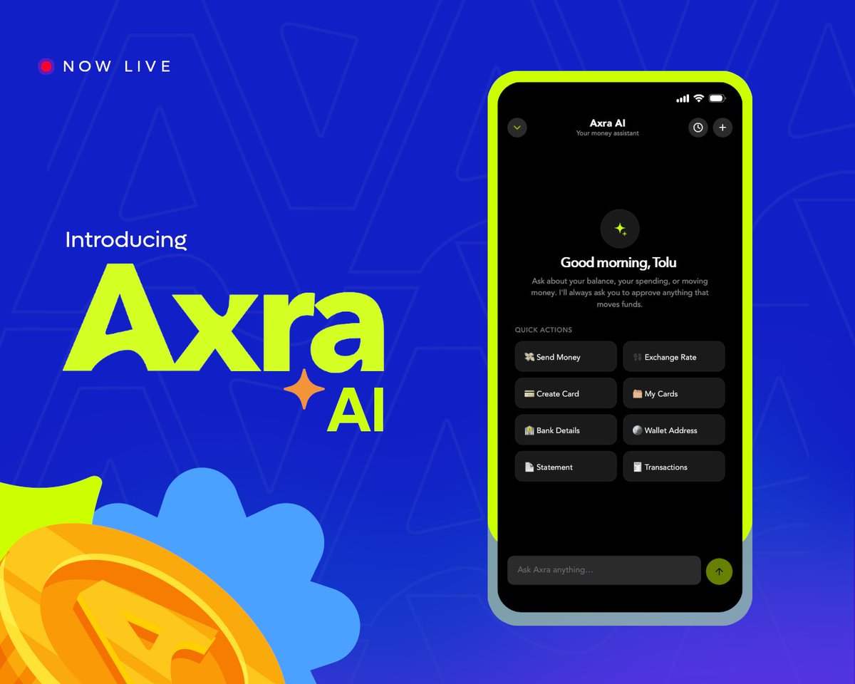 GoPremiumAfrica's tweet photo. Ask Axra. Get it done. โจ
Axra on WhatsApp and Telegram is still here. Now, you can also Ask Axra directly in the app.
Send money, check rates, manage cards, view transactions and more.
WhatsApp. Telegram. App. Your choice.
#AxraAI #useaxra #AxraApp https://t.co/EYArGwYccD