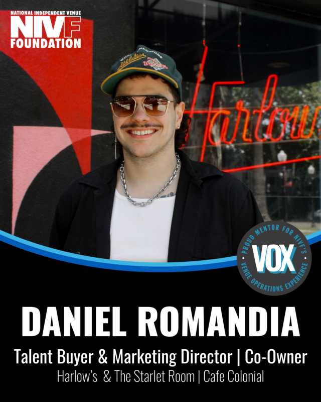 NIVFdotorg's tweet photo. Please welcome the next returning mentor for our 2026 VOX cohort, Daniel! Daniel was born and raised in Sacramento, CA, and currently serves as the talent buyer, marketing director, and assistant general manager for Harlow's and The Starlet Room. https://t.co/R6OynbJYl7