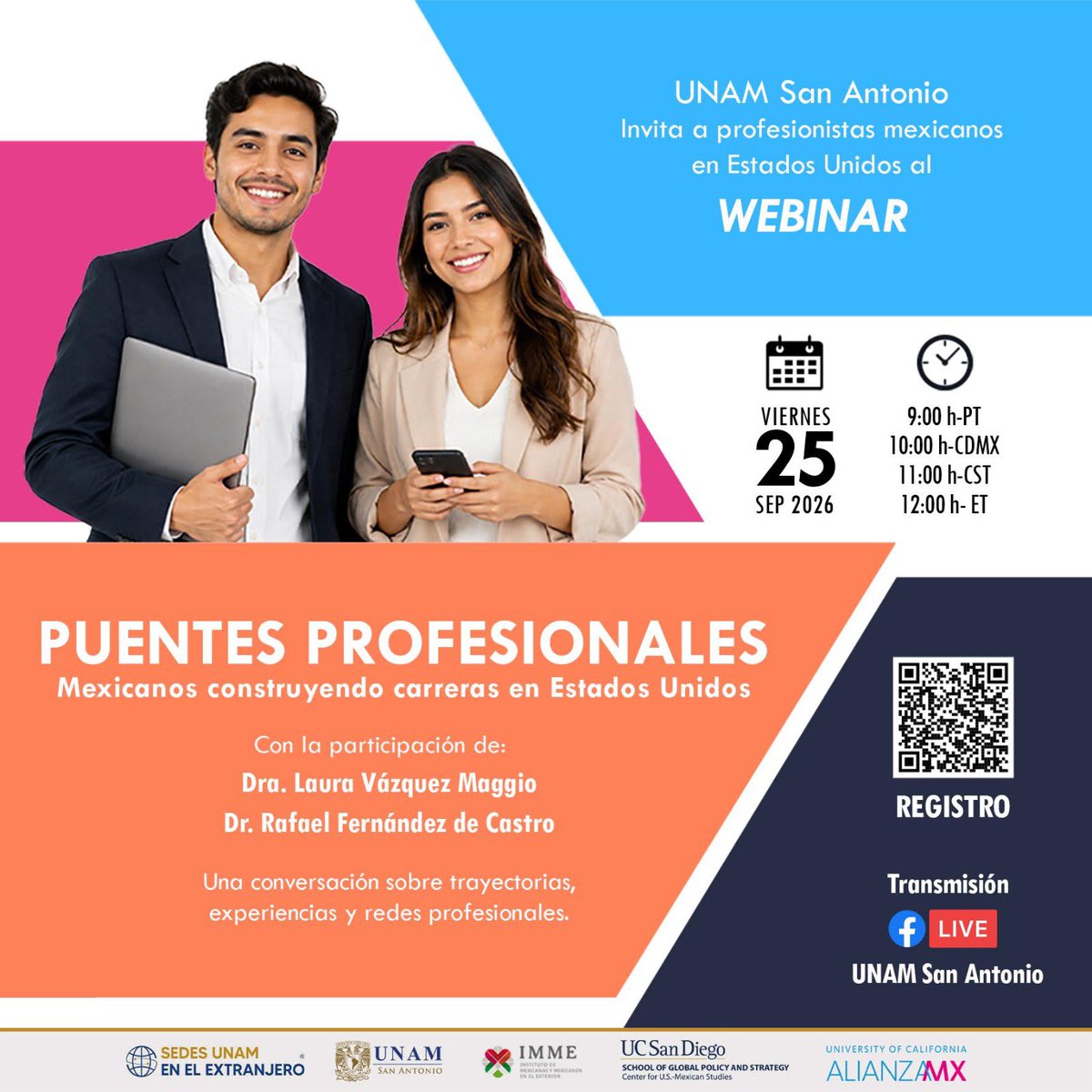 UNAMUSASA's tweet photo. 💼 ¿Eres profesionista mexicano en Estados Unidos?🇲🇽🇺🇸 Te interesa en el webinar “Puentes Profesionales: Mexicanos construyendo carreras en Estados Unidos”.

📆25 de septiembre.
📍 Facebook Live de UNAM San Antonio
🎟️ Evento gratuito. Registro en el enlace de nuestra biografía. https://t.co/cF2v2ibrzw