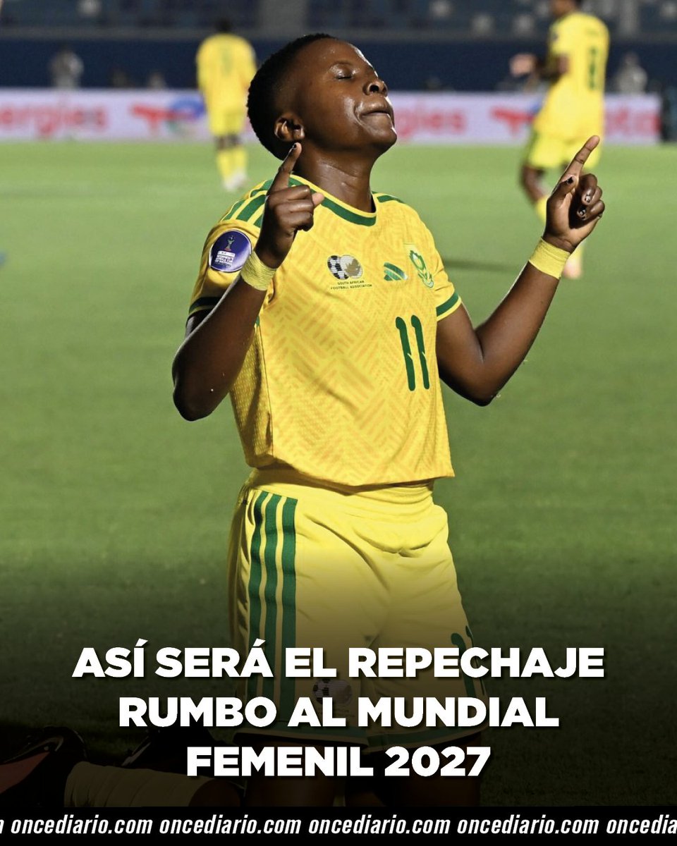 oncediariomx's tweet photo. THEMBI Y SUDÁFRICA YA CONOCEN EL CAMINO AL MUNDIAL 🌎🇿🇦

Tras vencer a #Nigeria y asegurar su lugar en el Repechaje Intercontinental rumbo a la Copa del Mundo Femenil 2027, el conjunto sudafricano definirá su camino por uno de los tres últimos boletos a la justa mundialista.

📌 El próximo 20 de agosto se realizará en Zúrich el sorteo de la Fase Preliminar, donde las selecciones participantes serán distribuidas en tres bombos de acuerdo con el Ranking FIFA.

📅 El torneo se disputará entre el 24 de noviembre y el 5 de diciembre de 2026. De ahí saldrán dos selecciones, que avanzarán a la Fase Final junto a cuatro equipos clasificados directamente.

⚽️ Las delegaciones serán divididas en tres caminos de eliminación, y los ganadores de cada grupo conseguirán la clasificación.

🇿🇦 Sudáfrica, 🇬🇭 Ghana, 🇪🇨 Ecuador, 🇺🇿 Uzbekistán, 🇹🇼China Taipéi y 🇵🇬 Papúa Nueva Guinea, hasta el momento, buscarán su pase a Brasil.