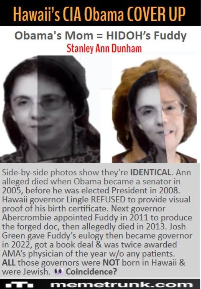 BookemErin1's tweet photo. Hawaii's #FUDDY = Obama's Mom who feigjed her death to participate as a #CentralCasting player in other crimes!
#NOtreaty Hawaii has been USED for false flags & a playground for ALL the (D)eletes for too long! π€¬ https://t.co/erskNJ5FfD