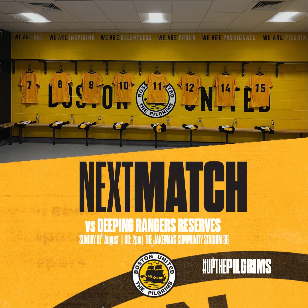BostonUnitedWFC's tweet photo. 🖤💛 OUR NEXT PRE-SEASON FIXTURE IS NEARLY HERE! 💛🖤

We’re back at home this Sunday as we welcome Deeping Rangers Reserves.

📅 Sunday 16th August 2026
🏟️ Boston United Community Stadium – 3G
⏰ 2pm KO
🎟️ FREE ENTRY

COME ON YOU PILGRIMS! 🖤💛⚽️ https://t.co/jFgZPf1jrk