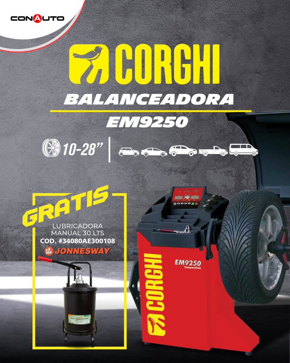 ConautoEC's tweet photo. 🛞 Más precisión para tu taller con la CORGHI EM9250.
✅ Ruedas de 10” a 28”
🎁 Lubricadora manual Jonnesway de 30 L GRATIS
Equipa tu negocio con tecnología profesional y el respaldo de #CONAUTO.
📩 Cotiza con nosotros.
#Corghi #EquipamientoAutomotriz https://t.co/eLcpAnrvcX