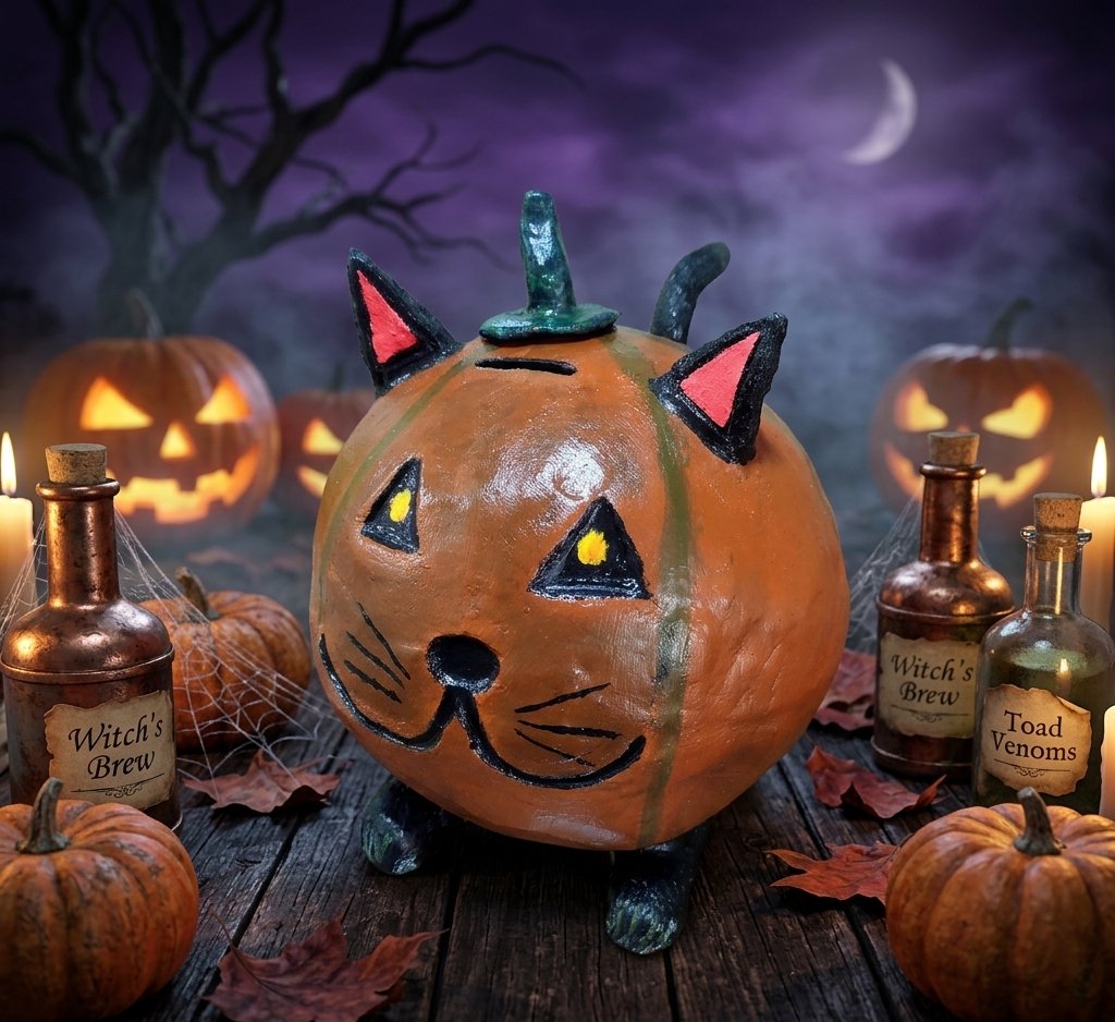 AtomoxMuu's tweet photo. My new creation: a pumpkin cat piggy bank 🖤/ Mi nueva obra: una hucha de gato calabaza 🖤

#Cats #pumpkin #Halloween2026 #Spooky #witch #pigibank https://t.co/s6cuHy8QHd