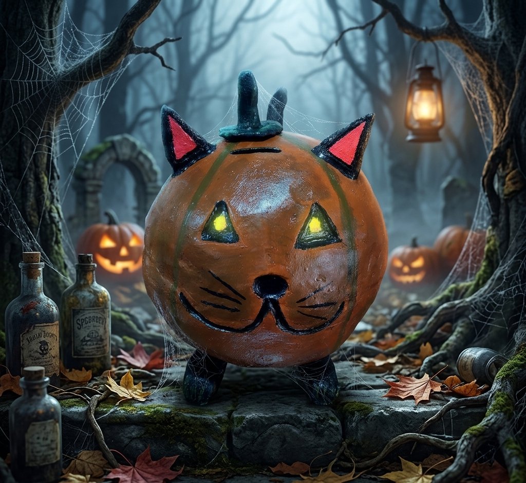 AtomoxMuu's tweet photo. My new creation: a pumpkin cat piggy bank 🖤/ Mi nueva obra: una hucha de gato calabaza 🖤

#Cats #pumpkin #Halloween2026 #Spooky #witch #pigibank https://t.co/s6cuHy8QHd