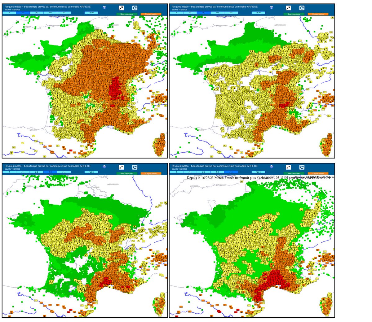 meteophile's tweet photo. Prévisions risques météorologiques & beau temps (vert) #meteolab, par commune par le modèle ARPEGE de samedi à mardi.
Mauvaise nouvelle: la canicule va faire de la résistance sur le centre-est et le pourtour méditerranéen.
https://t.co/iHJyB5yhB6 https://t.co/v0iznDk5Ns