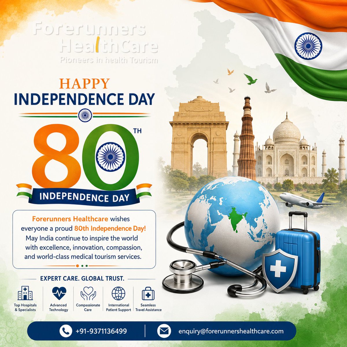 forerunnerscons's tweet photo. Happy 80th Independence Day! Forerunners Healthcare proudly celebrates India’s unity, progress, and excellence in world-class medical tourism services.

✉️: enquiry@forerunnershealthcare.com
📲: +91-9371136499

#15august #independenceday #indiaflag #india #incredibleindia https://t.co/LEkhkwK7LG