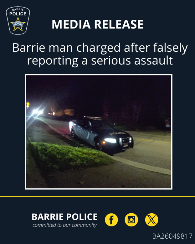 BarriePolice's tweet photo. A Barrie man has been charged after falsely reporting an assault. https://t.co/dskDznspE9

#BA26049817 #BarriePolice #BPSInvestigation https://t.co/gKxm7HrnLb