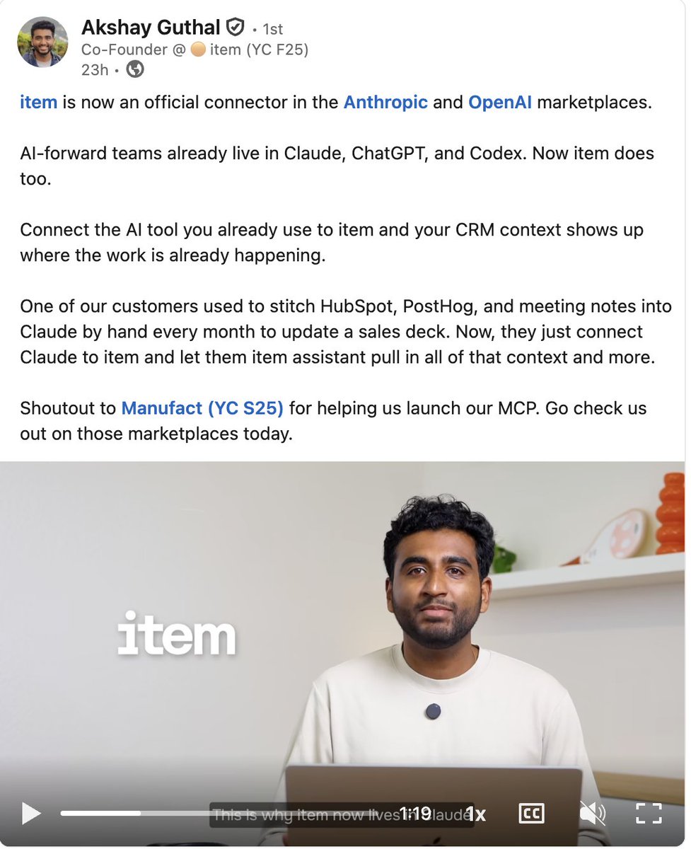 MegHildreth's tweet photo. a huge reason we use @newitemco is because of their 10/10 MCP (and also their awesome team - s/o @akguthal). it's the same story for @meetgranola and @linear.

a year ago, fair. MCP was iffy. auth was duct tape and barely any clients supported it. since then the spec grew up and every major AI client adopted it.

now it's part of my daily (let's be honest, minute-to-minute) workflow.

now's the time to build that mcp you've had in your backlog for months!!