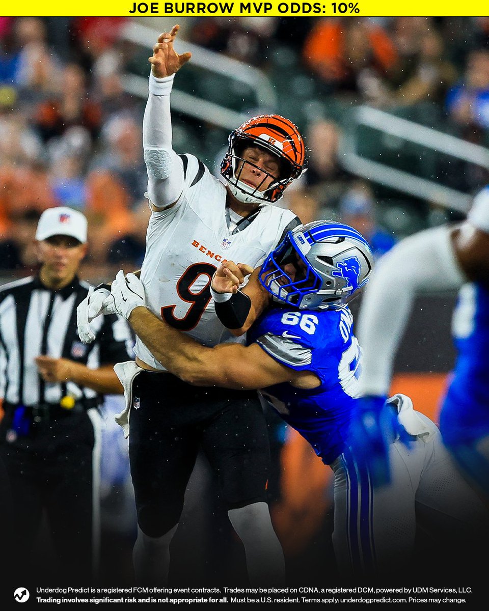 Underdog's tweet photo. Joe Burrow was pressured on 28.6% of his drop backs last night.
The Bengals fielded their entire starting lineup while the Lions only started backups.
https://t.co/DDGBBmB8xt https://t.co/hDUgVEyquf
