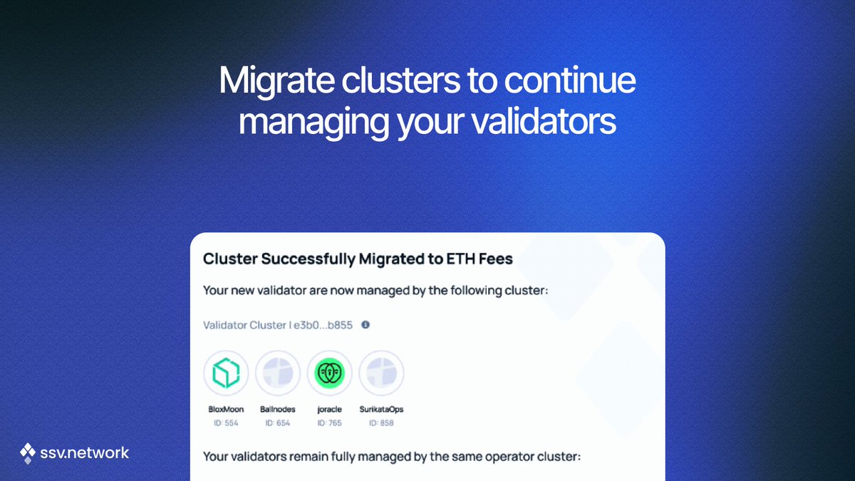 ssv_network's tweet photo. The migration process is simple:

1. Log in to your SSV dashboard.
2. Locate the non-migrated cluster, open it and click “Switch to ETH”.
3. Deposit ETH for your cluster’s runway.
4. Confirm the migration.

Your validators will continue operating without interruption.

Full guide ↓
https://t.co/y5ggLRuWiT