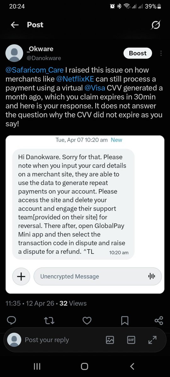 Danokware's tweet photo. @Safaricom_Care I raised same issue on April. Your response did not answer why do you claim for security purpose the CVV is only valid for 30mins yet ypur MPESA allows merchants like @NetflixKE to use an INVALID CVV and auto-deduct?This means any merchant can still use all previous INVALID CVV! https://t.co/nalmon4Wth
