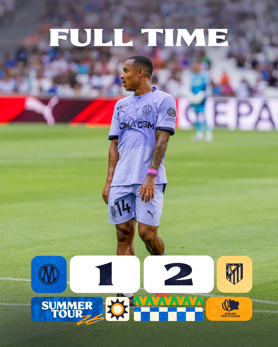 OM_Officiel's tweet photo. ⏱️ 90+6’ | #OMAtleti 1️⃣-2️⃣

Fin du match, nos Olympiens s’inclinent face aux Colchoneros.

📆 Rendez-vous vendredi prochain au CEPAC Vélodrome pour la reprise de la @Ligue1 ! 🔥

🎟️ Vos places pour OM 🆚 RCSA 👉 https://t.co/bXOQSxGWRA https://t.co/WVHDqkSP27