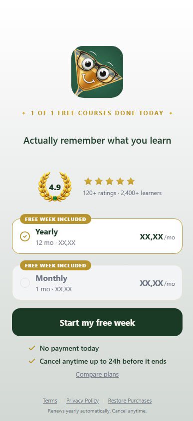 Curlh1's tweet photo. Paywall AB test. 

Thoughts?

The sentences on top are all dependent on where the paywall comes from. 

And the affirmation sentence is on A one of 4 random ones (also abcd testing). https://t.co/lPECYprdJP
