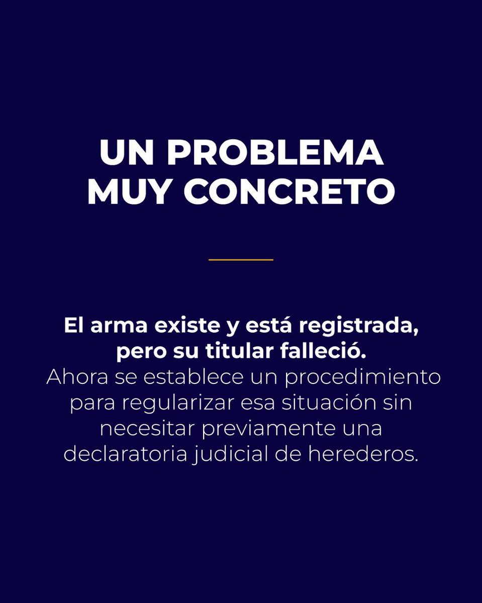 jpabloallan's tweet photo. Regularizar un arma registrada ante el fallecimiento de su titular ahora es más simple.

A partir de ahora, se establece un procedimiento que permite hacerlo sin necesidad de contar previamente con una declaratoria judicial de herederos.

Para iniciar el trámite, alcanza con acreditar el fallecimiento, el vínculo con el titular, la condición de Legítimo Usuario y presentar la Declaración Jurada correspondiente.