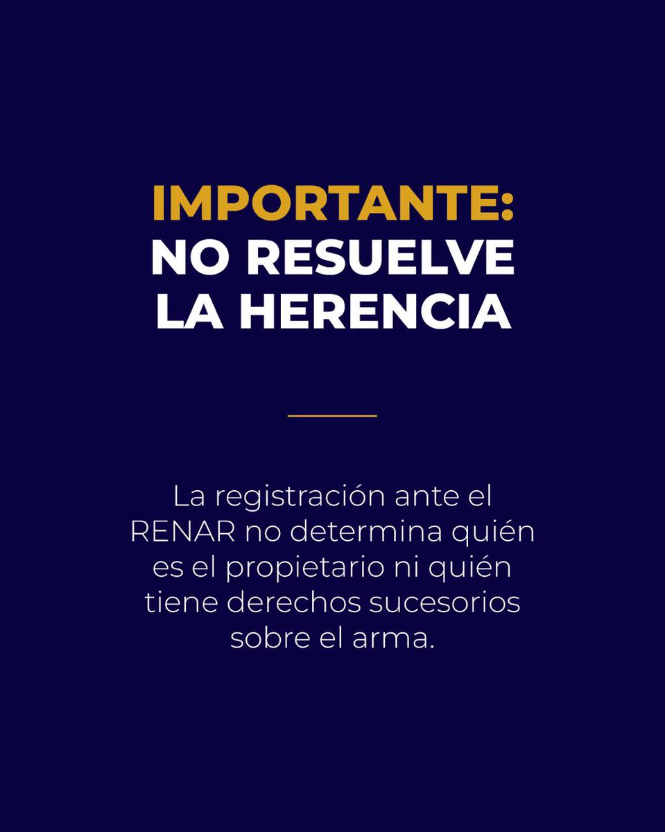 jpabloallan's tweet photo. Regularizar un arma registrada ante el fallecimiento de su titular ahora es más simple.

A partir de ahora, se establece un procedimiento que permite hacerlo sin necesidad de contar previamente con una declaratoria judicial de herederos.

Para iniciar el trámite, alcanza con acreditar el fallecimiento, el vínculo con el titular, la condición de Legítimo Usuario y presentar la Declaración Jurada correspondiente.