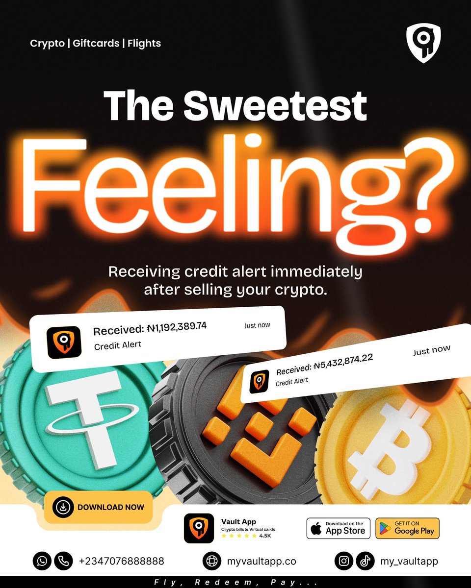 My_VaultApp's tweet photo. The sweetest feeling? Seeing that credit alert hit immediately after selling your crypto. 😮‍💨💸

Download VaultApp and experience the feeling for yourself. 🔐

#VaultApp #Crypto https://t.co/MbKpQjXUtc