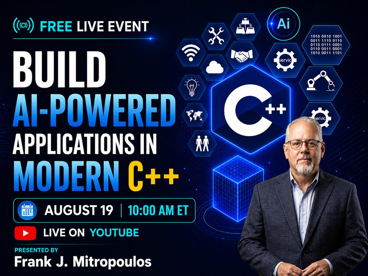 timbuchalka's tweet photo. 🚀 Build AI-powered applications with Modern C++!

Join our FREE live YouTube event on August 19 and learn how to use C++, OpenAI, Ollama, APIs &amp; JSON to build real-world AI applications.

👉 Register: https://t.co/67X8ZI0WD7

#Cpp #AI #OpenAI #Programming #Developers https://t.co/ysEVuZUdCB