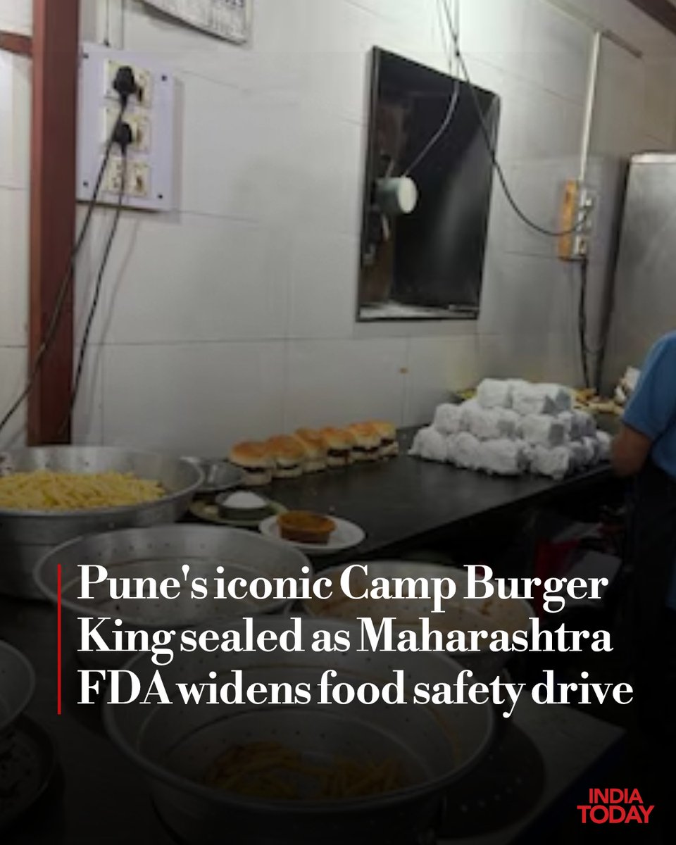 IndiaToday's tweet photo. Pune’s iconic Burger King outlet in the Camp area has been sealed after the Food and Drug Administration (FDA) found serious hygiene deficiencies and violations of food safety regulations during an inspection.

The outlet, located on East Street in Camp, was sealed by FDA officials, while its food licence was also suspended. The restaurant has been operating in the area since 1992 and is among Pune’s oldest Burger King outlets, making it a familiar food destination for generations of residents.

#Pune #BurgerKing #BurgerKingPune #FoodSafety #ITCard