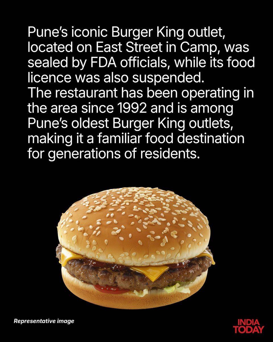 IndiaToday's tweet photo. Pune’s iconic Burger King outlet in the Camp area has been sealed after the Food and Drug Administration (FDA) found serious hygiene deficiencies and violations of food safety regulations during an inspection.

The outlet, located on East Street in Camp, was sealed by FDA officials, while its food licence was also suspended. The restaurant has been operating in the area since 1992 and is among Pune’s oldest Burger King outlets, making it a familiar food destination for generations of residents.

#Pune #BurgerKing #BurgerKingPune #FoodSafety #ITCard