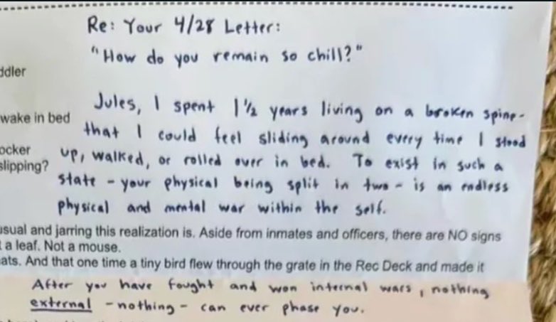 30degreez's tweet photo. Luigi Mangione: “I spent 1 ½ years living on a broken spine that I could feel sliding around every time I stood up, walked, or rolled over in bed. To exist in such a state —your physical being split in two — is an endless physical and mental war within the self.”

“After you have fought and won internal wars, nothing external — nothing — can ever phase you.”