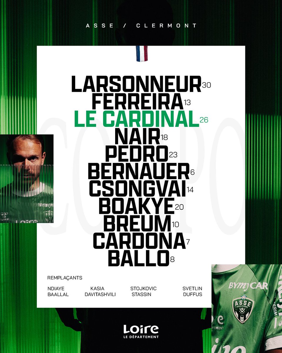 ASSEofficiel's tweet photo. 👥 On repart avec le même XI pour cet #ASSECF63 !

Après le succès à Sochaux, Ian Cathro fait confiance aux mêmes Verts ! 👊