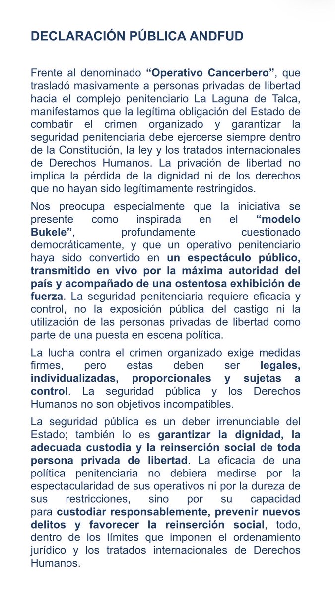 andfud's tweet photo. Declaración de ANDFUD sobre la operación “Cancerbero “ @DPP_Nuble @DppTarapaca @DPP_Magallanes @inddhh @PJudicialChile https://t.co/JOaCGSD1Bc