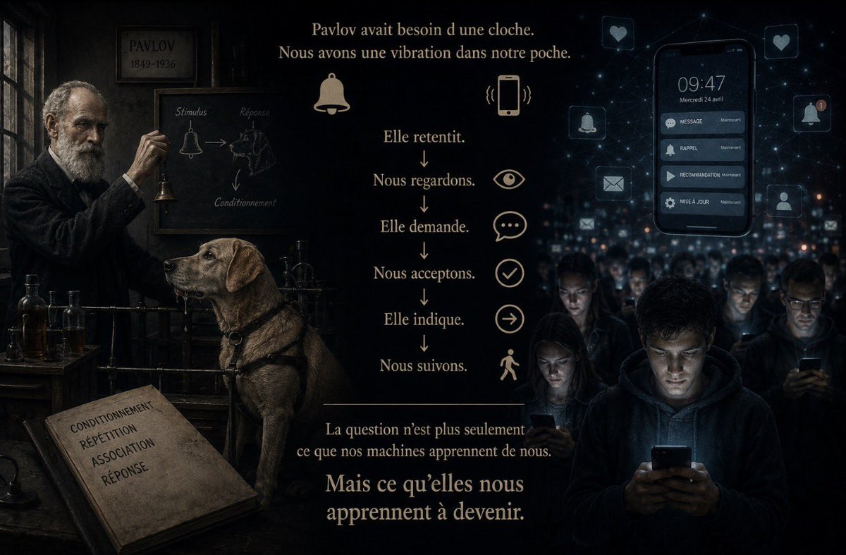55Bellechasse's tweet photo. Pavlov avait besoin d’une cloche.

Nous avons une vibration dans notre poche.

Elle retentit.

Nous regardons.

Elle demande.

Nous acceptons.

Elle indique.

Nous suivons.

La question n’est plus seulement ce que nos machines apprennent de nous.
Mais ce qu’elles nous apprennent à devenir.

https://t.co/coBtp3ybWW