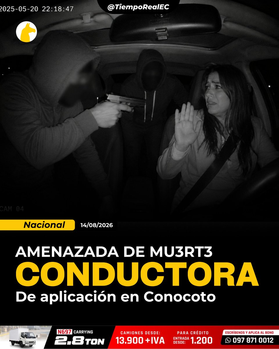 TiempoRealEC's tweet photo. 🚨 “ESTE DÍA VAS A MORIR”: CONDUCTORA DE APP FUE EMBOSCADA POR HOMBRES ARMADOS EN CONOCOTO

🚗 Una conductora de aplicación llegó cerca de las 15:05 del miércoles 13 de agosto al sector del Puente 5, en Conocoto, para recoger una carrera solicitada con perfil femenino. Tras varios minutos de espera, un SUV gris sin placas le cerró el paso.

🔫 Del vehículo bajaron dos hombres armados, mientras otros dos permanecieron dentro. La víctima relató que uno la apuntó por la ventana y otro se colocó frente al automóvil, gritándole repetidamente: “Este es el día en que vas a morir”.

📱 Los atacantes revisaron la guantera y se llevaron el teléfono celular, monedero y pertenencias personales. Uno llevaba mascarilla; el otro actuó con el rostro descubierto. La conductora señaló que el perfil usado para solicitar la carrera aparentemente era falso.

⚠️ La víctima decidió no presentar una denuncia formal por temor a represalias. Casos similares contra conductores de aplicaciones ya se han registrado en Quito: en julio, tres sospechosos fueron aprehendidos tras otro asalto a un conductor que aceptó una carrera en la capital.

#TiempoRealPlus #VivimosHistorias #Conocoto #Quito #Inseguridad
