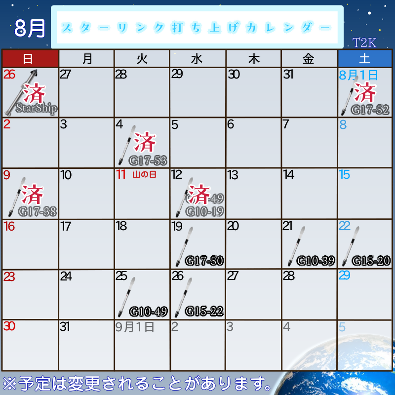 T2K_U's tweet photo. スターリンク衛星打ち上げカレンダーを更新しました。
https://t.co/F0H7yxetdk https://t.co/SCXdOaTFoG