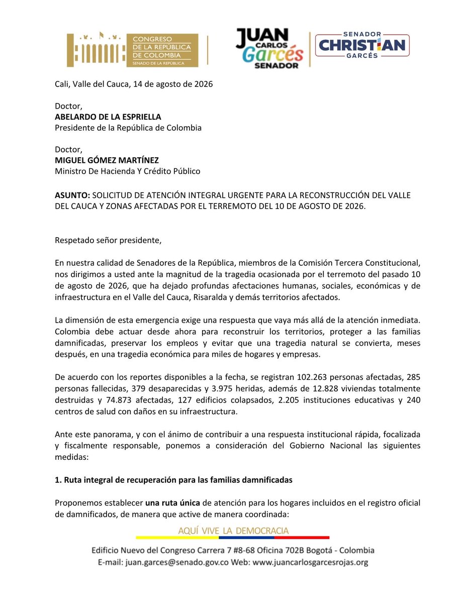 GarcesRojasJuan's tweet photo. 1/3 Como senador de la República, de la @CoTerceraSenado, y en conjunto con el senador @ChriGarces, radicamos ante el #GobiernoNacional un paquete de medidas urgentes para la reconstrucción de los territorios afectados por el terremoto del 10 de agosto.

Las cifras son devastadoras: más de 102 mil personas afectadas y miles de viviendas destruidas.

1️⃣ Recuperación integral para las familias damnificadas

Proponemos una ruta única de atención que incluya:

🏠 Reestructuración de deudas
🏠 Subsidios para reparar o reconstruir viviendas
🏠 Apoyo temporal para arriendos
🏠 Garantías para créditos de reconstrucción
🏠 Licenciamiento y asistencia técnica ágil y segura

Y un sistema de información unificado para que las familias no tengan que repetir su historia ante cada entidad.