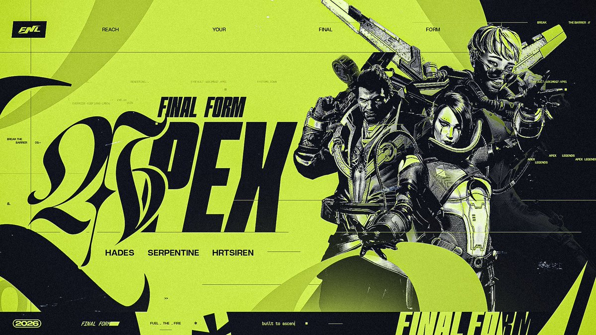 FinalFormHQ's tweet photo. 【FNL APEX Academy】
We're excited to announce our entrance into Apex Legends. With an academy yet very talented lineup, the team is ready to take on the challenges ahead. A new chapter begins here for not only us but for these players coming on.

Roster as follows:
Players:
Hades @HadesMLG 
Siren @HRTSiren 
Serpentine @SerpentineWrynn  
 
Please give a warm welcome to our new members joining FNL | @PlayApexEsports 
#FNLApex #ReachYourFinalForm