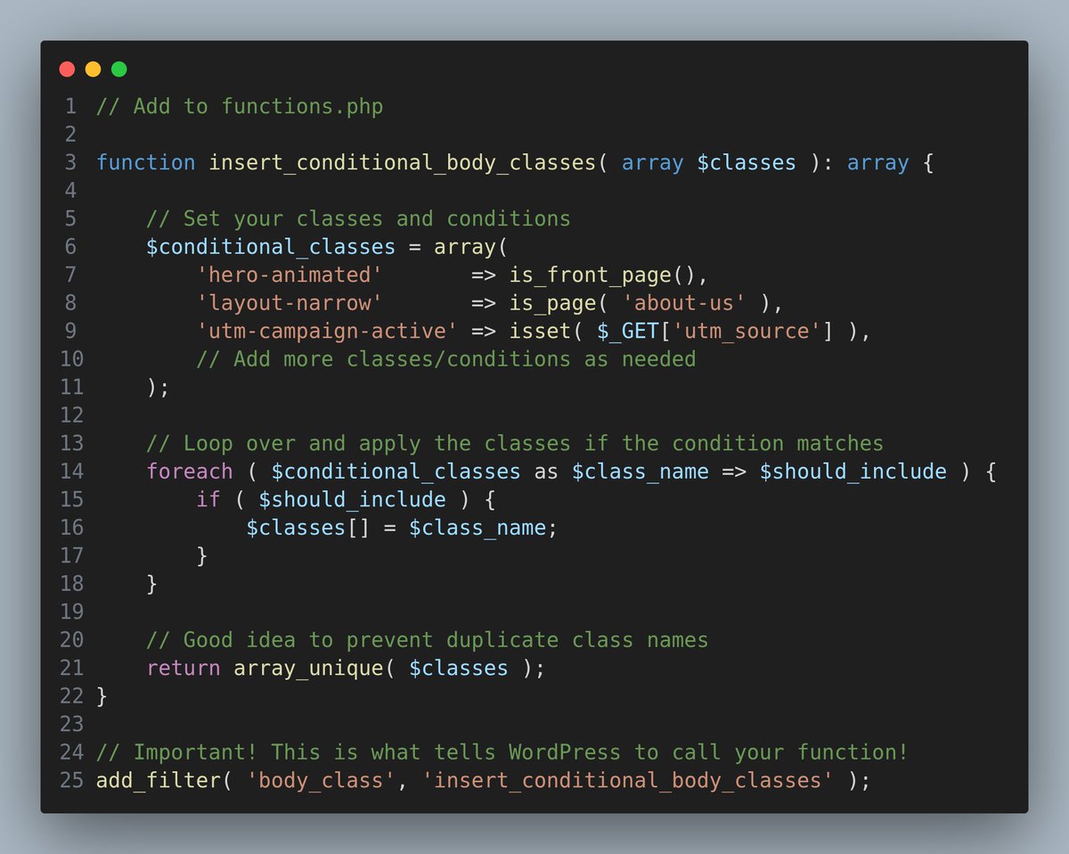 JamminCoder's tweet photo. Targeting pages with unique styling conditions can be a pain in the neck... Instead of cluttering your templates with inline styles or custom JS, use the `body_class` filter to inject utility classes directly into your theme's <body> tag.

#css #wordpress https://t.co/mQ3FW9zf6V