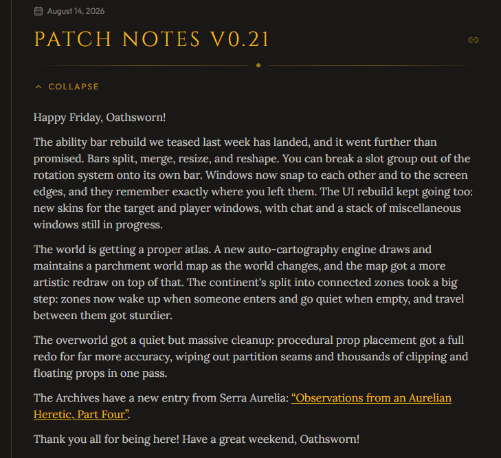 GodModeGamesHQ's tweet photo. ⚔️ Patch Notes v0.21 are here, Oathsworn!

This week brought some big changes to Hollowed Oath.

See full notes at https://t.co/DjgcsrPxN4!

See you in Orrathis, Oathsworn. ⚔️

#HollowedOath #MMORPG #IndieMMO #IndieGame #GameDev https://t.co/qEgNJ0Vh57