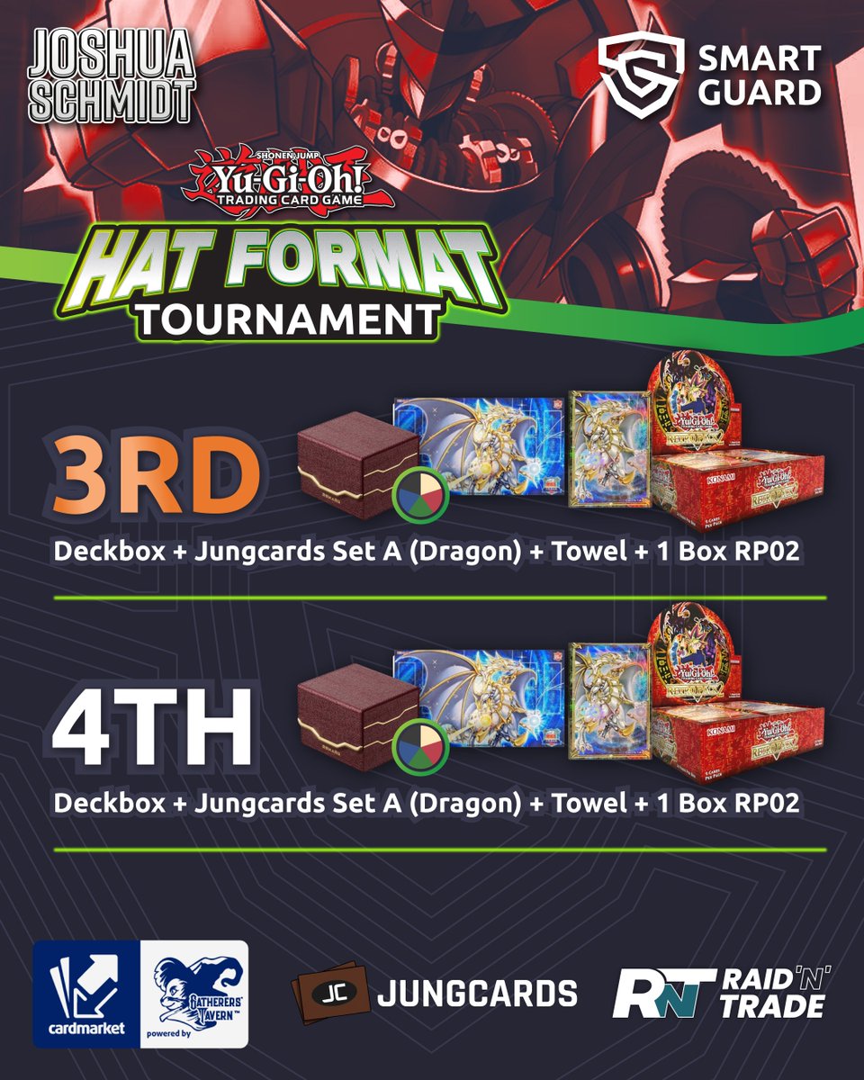 SmartGuardTL's tweet photo. 📢 Tournament Info📢

We are looking forward to our next Smart Guard x Joshua Schmidt tournament!

🃏HAT Format 
💰25 € Participation
🏆Awesome Prize Support
💚More Info below

Partners:
@Gamebreak0r @CardmarketYGO @Jungcardstcg 

#SmartGuard https://t.co/bZLaxskKTi