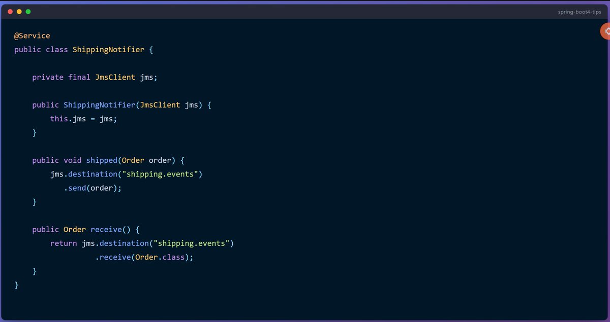 mario_casari's tweet photo. π Spring Boot 4: New JmsClient alongside JmsTemplate.
β
Fluent, modern JMS API auto-configured
β
JmsTemplate still works unchanged
β
Prefer JmsClient for new messaging code
#SpringBoot4 #JMS https://t.co/c9EtEDlMMM
