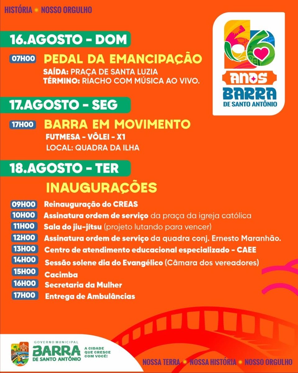 PrefeituraBSA's tweet photo. A Prefeita Lívia Carla e o Vice-Prefeito Lucas Alves convidam toda a população barrense para celebrar os 66 anos de Emancipação Política de Barra de Santo Antônio. https://t.co/vFDlzXwMwL