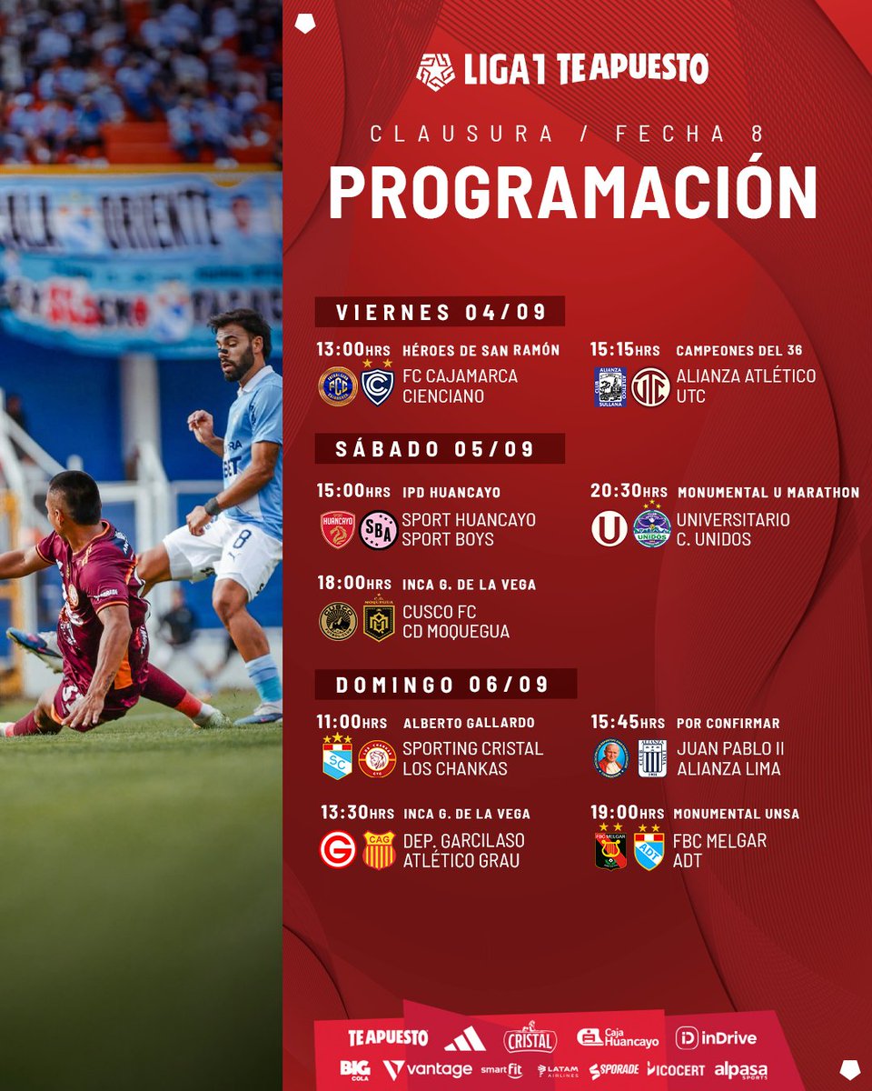 Liga1TeApuesto's tweet photo. ¡Así se jugará la Fecha 8 del Clausura en la #Liga1TeApuesto! 🔥⚽

#ElADNdelHincha https://t.co/Wj86u9DpL9