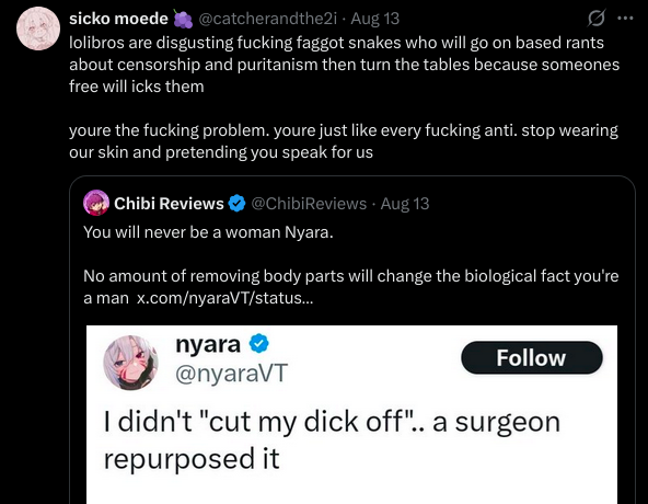 FraHarrelson's tweet photo. You're literally throwing Chibi under the bus because he DARED to disrespect Nyara, someone who has harassed Chibi tens of times. 

Your priority, rather than calling out Nyara for being a snake, is criticizing Chibi for being transphobic.

You are not our ally. Respectfully. https://t.co/swFKHDDfzh