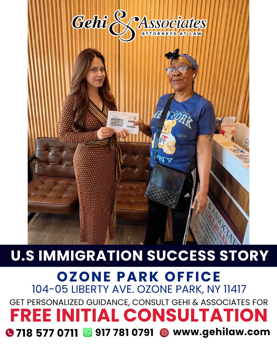AssociatesGehi's tweet photo. A success story worth celebrating! 

Another U.S. immigration journey successfully supported by Gehi & Associates. We are proud to help individuals and families in the immigration process with trusted legal guidance and personalized attention.

Ozone Park Office

104-05 Liberty Ave., Ozone Park, NY 11417

718-577-0711

WhatsApp: 917-781-0791

https://t.co/2cghtA5eQV

FREE INITIAL CONSULTATION.

#GehiAndAssociates #ImmigrationSuccess #USImmigration #ImmigrationLawyer #ImmigrationSuccessStory #NewYorkImmigration #OzonePark #ImmigrationHelp #USVisa #ImmigrationAttorney