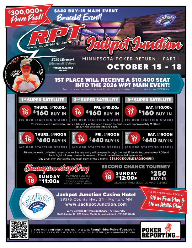 pkrreporting's tweet photo. We are excited to be covering the @RoughriderPoker event in October back in our home state of Minnesota! We will see you all @jackpotjunction for a huge field! We will be there with @MollyAnneMossey to cover the whole thing! https://t.co/X3MwQPbRf8