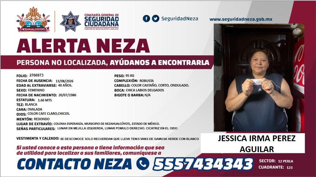 AlertaNeza's tweet photo. ⚠️ #AlertaNeza | Tu apoyo es muy importante para localizar a #Jessica Irma Pérez Aguilar. 

Cualquier información puede ser de gran ayuda. Comunícate al 📞 55 5743 4343. https://t.co/QkkeFH7coF