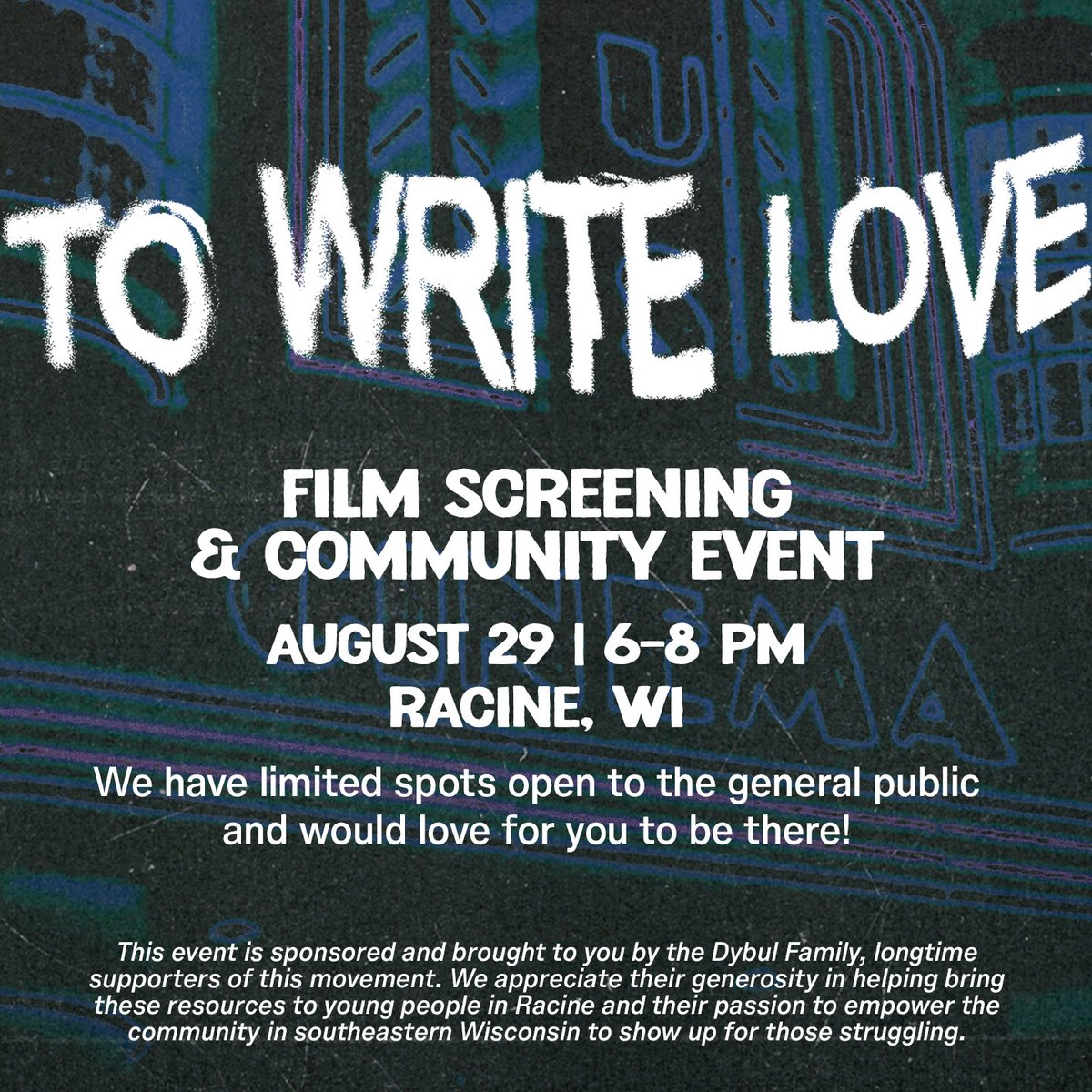 TWLOHA's tweet photo. Watch TO WRITE LOVE, our short film, in person at our next community event in Racine, WI! We have a limited number of spots available for the general public, so make sure to get your tickets early. Learn more about the event here: https://t.co/Fll2YeTSTx https://t.co/UAFI4DZVRb