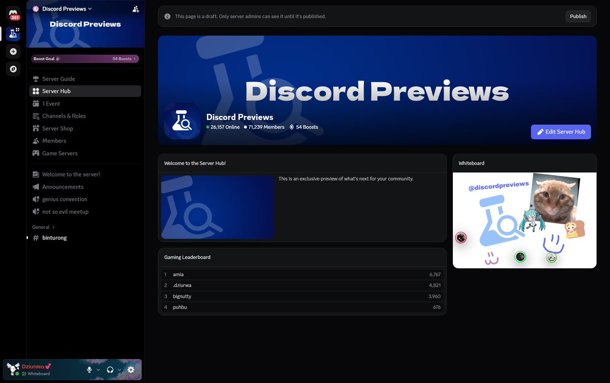 DiscordPreviews's tweet photo. World's first look at Server Hub, an upcoming Discord feature that lets you create a customizable page in your server. Panels can be bought with Boosts and freely arranged on your board. Planned panels include Custom Text, Whiteboard, Leaderboard, Music and Activity showcases. https://t.co/CJJfTN5dUE