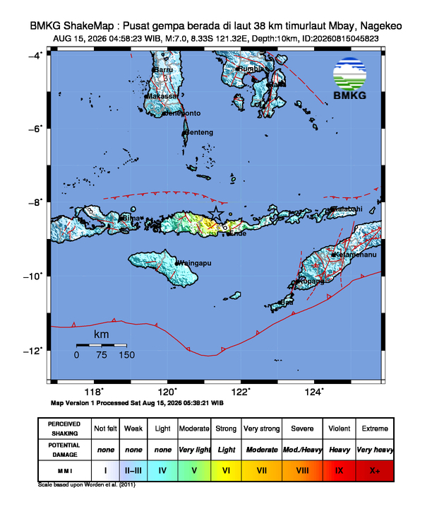 infoBMKG's tweet photo. #Gempa (UPDATE) Mag:7.0, 15-Agu-26 04:58:23 WIB, Lok:8.33 LS, 121.32 BT (Pusat gempa berada di laut 38 km timurlaut Mbay, Nagekeo), Kedlmn:10 Km Dirasakan (MMI) IV-V Ruteng, V Kota Bima, V Kab. Dompu, IV-V Ende, IV-V Labuan Bajo, IV-V Maumere, IV-V Sumba Timur, IV Kupang, IV Kab. Sumbawa Barat, III-IV Flores Timur, III-IV Lembata, III-IV Adonara, III Kab. Lombok Barat, III Kota Mataram, III Kab. Lombok Timur, II-III Denpasar , II-III Badung, II-III Bulukumba, II-III Jeneponto, II-III Takalar, II-III Gowa, II-III Makassar #BMKG