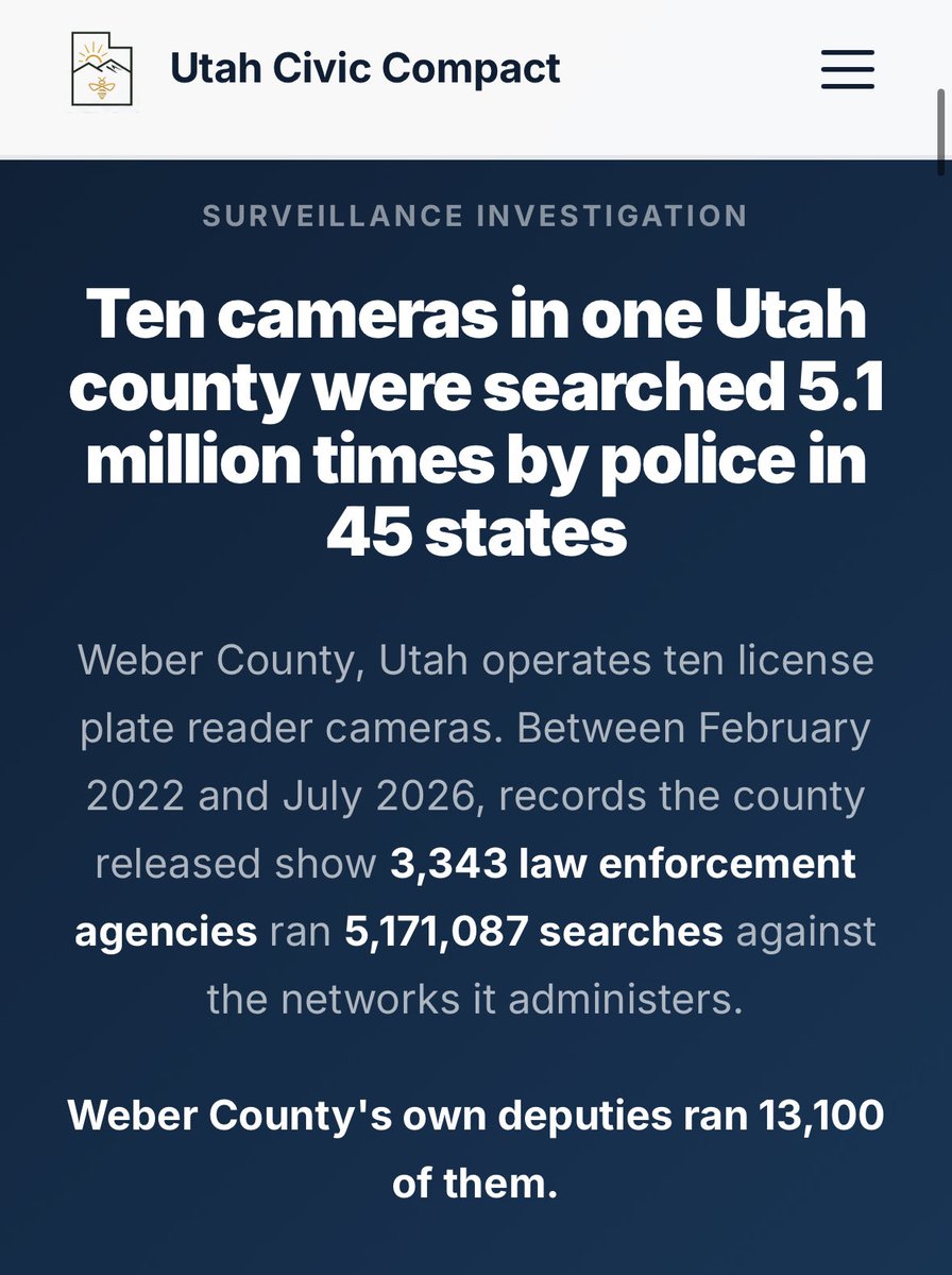 MarinasHammer's tweet photo. 5.1 MILLION searches of Weber County’s ten Flock devices in 4 years. 

Texas accounted for approximately 43% of those searches with Houston PD accounting for nearly 37%. 

I find it particularly fascinating Houston / Texas makes up a large % of searches with it being a massive Mexican cartel, human smuggling, and sex trafficking area… 

Deflock Utah. Deport them all Utah.