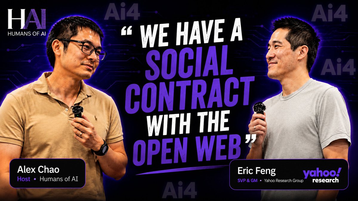 alexchaomander's tweet photo. How can AI deliver answers without undermining the open web?

In this episode of @HumansofAIPod, I sit down with @efeng, SVP and GM of Yahoo Research Group, to explore how @Yahoo is building its answer engine and what it means to create AI-powered search experiences that are useful, trustworthy, and sustainable.

Eric leads Yahoo’s work at the intersection of search, AI, and information discovery and is tackling a central tension in the AI era: the more complete and convenient an AI-generated answer becomes, the less reason a user may have to click through to the original sources that produced the information in the first place. 

 We talk about what Yahoo is building, how Eric thinks about the design of an AI answer engine, and why he believes these systems need to do more than simply generate good responses. They also need to honor what he describes as a "social contract with the open web". 

Recorded live at @Ai4Conferences in Las Vegas as part of the Humans of AI field interview series.