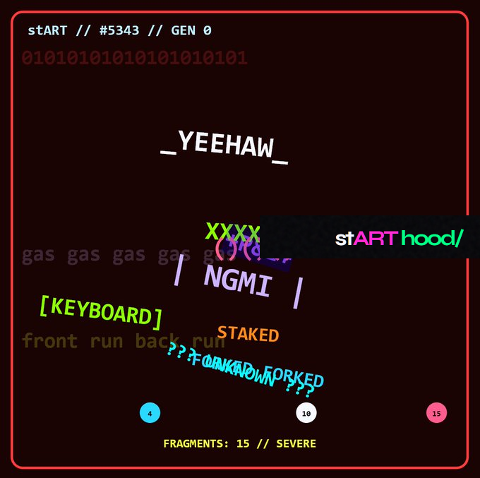 stARTh00d's tweet photo. Fully on-chain, artistic NFT project with a bound account (ERC6551).

Free mint on Robin Hood. 
Burn &amp; merge to create chaos. 

Get yours here: https://t.co/9LnyEBpNKO https://t.co/AMDG7FUcWC