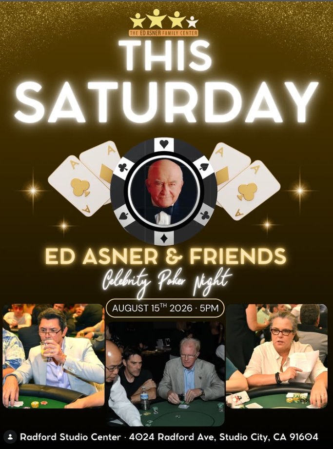 OMLRMovie's tweet photo. his Saturday, August 15, we’re back at Radford Studio Center for the 14th Annual Ed Asner & Friends Celebrity Poker Night, and we want you there!

Join us for an incredible night of poker, food, friends, celebrities, great auction items, and a whole lot of fun — all benefiting The Ed Asner Family Center and the families we serve every day.

This year we’re proud to honor the hilarious and wonderful Ron Funches, whose advocacy for the autism community means so much to us.

There’s still time to get your tickets, but don’t wait.

Come play some poker. Rebuy. Bid big. Have a great night. And most importantly, help us raise the funds that keep our programs going.

🎟️ BUY YOUR TICKETS NOW!

Link in comments!

See you Saturday!