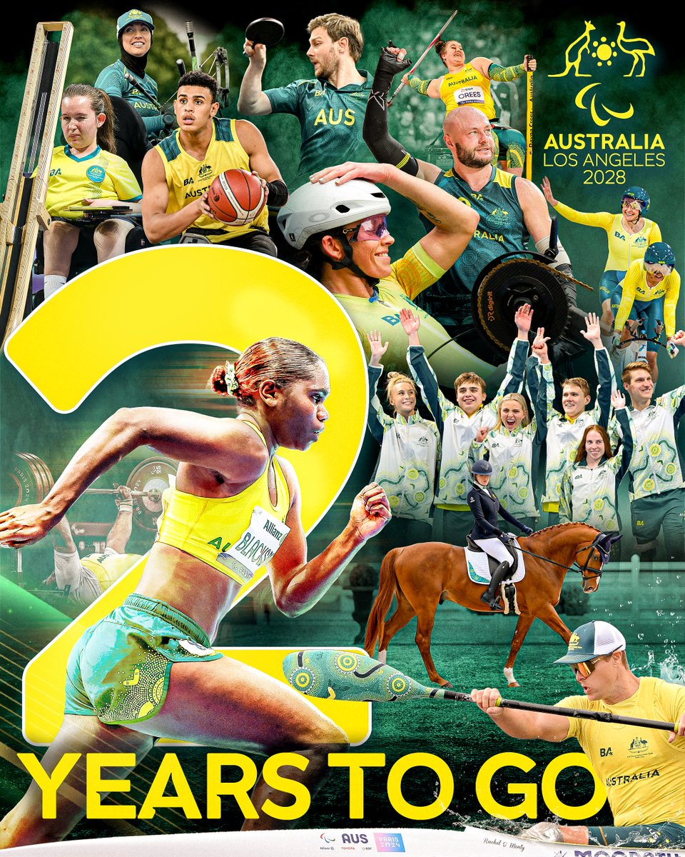 AUSParalympics's tweet photo. The countdown is officially on. Two years to go until the LA28 Paralympic Games 💚💛

#Paralympics #ParalympicsAustralia #LA28 #Paralympics #2YTG https://t.co/FAPrV3oiS7
